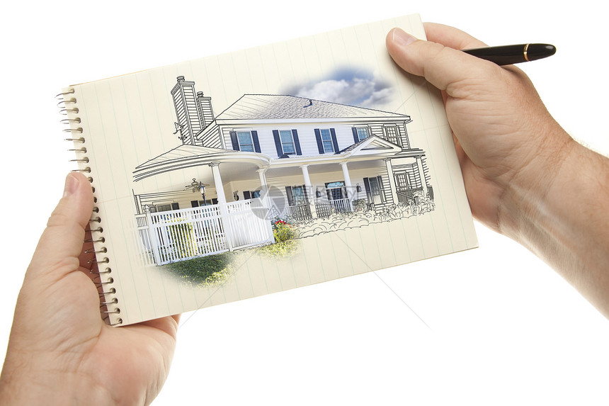 男手拿着笔和纸板用房子在白色背景上被孤立图片