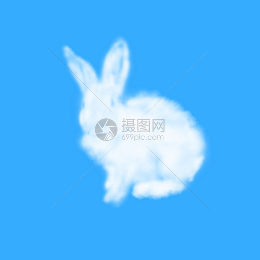 长毛的复活节兔子贺卡由白云制成蓝色背景与复制空间喜庆快乐的复活节者卡片恭喜卡片由云制作东方兔子制成图片