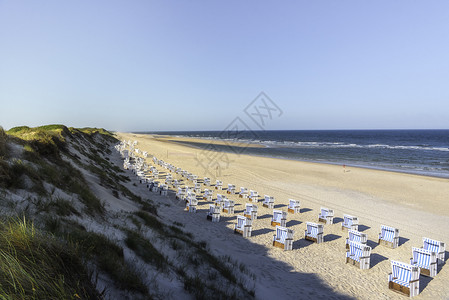 边远的锡尔特岛北海德意志河沿岸有海滩的夏季风景在海滩上排成一的电线椅图片