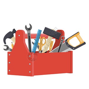 钢锯卡通红色工具箱有锯子剪刀锤螺丝起扳手矢量图插画