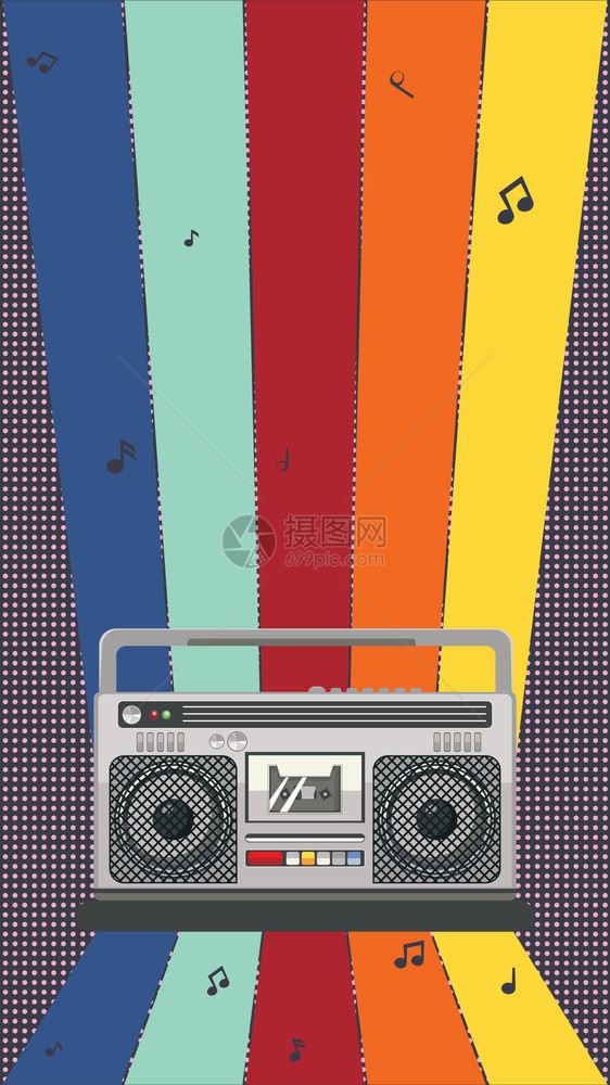 配有手提式无线电磁带播放器的八十年代音乐海报装有自动调音机的设计图片