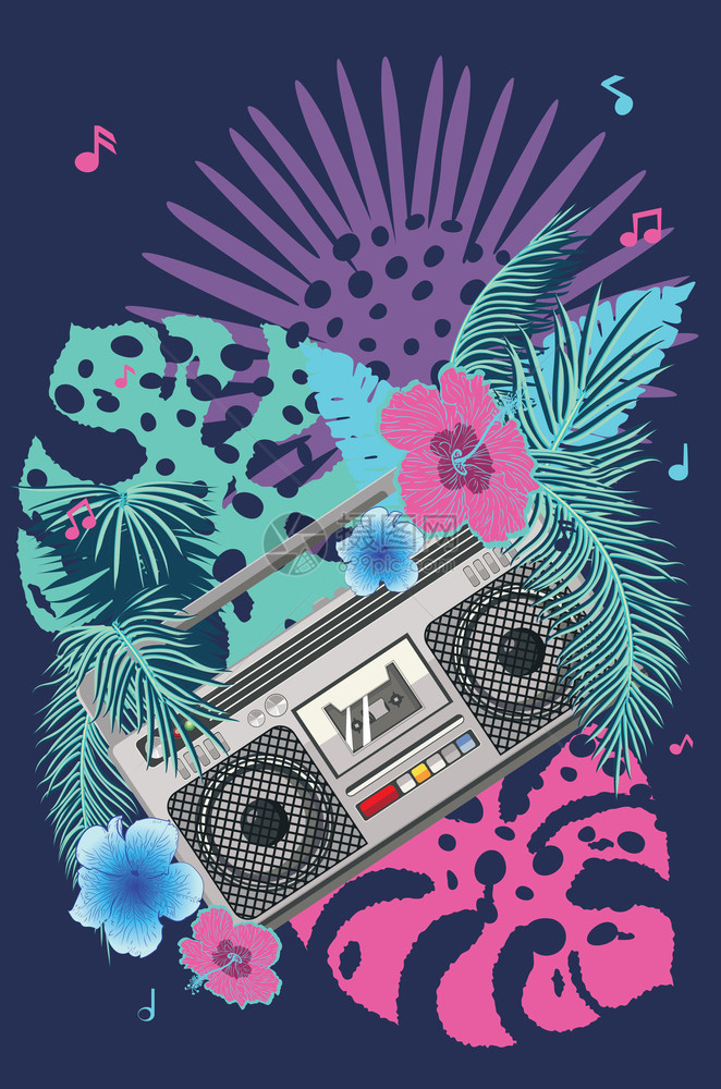 80年代音乐海报配有调音箱和热带叶设计图片