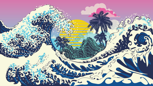 日本海啸浮世绘风格海上巨浪插画