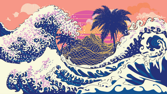 新派浮世绘风格海上巨浪设计图片