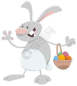 有趣的复活节兔子和一篮多彩鸡蛋的漫画插图图片