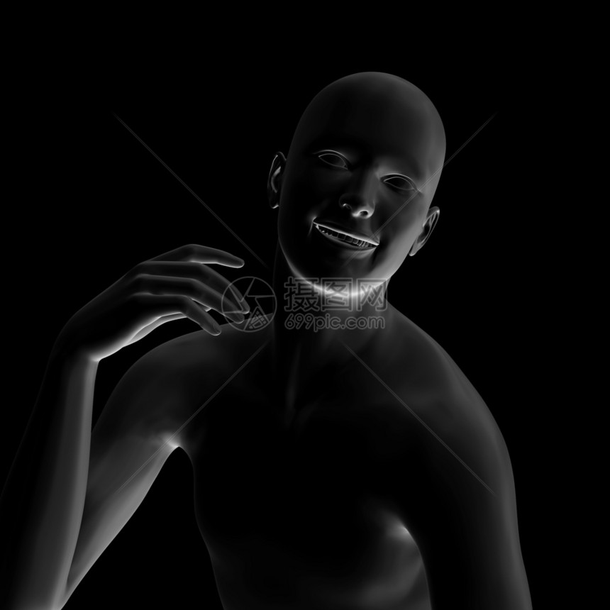 黑暗背景中抽象的灰色3d人类模型图片