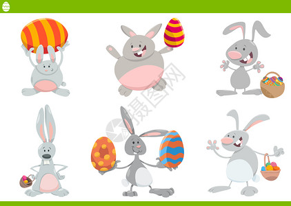 漫画插图展示复活节时间的有趣东方兔子和彩蛋高清图片