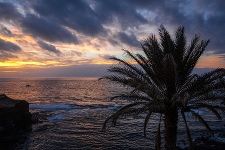 洋景和棕榈树日落时在非洲安托阿太岛海角渡非洲安托阿太岛的海洋观角渡图片