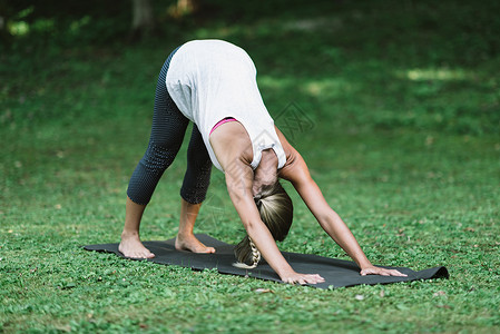 在公园草坪上做瑜伽的女人背景图片