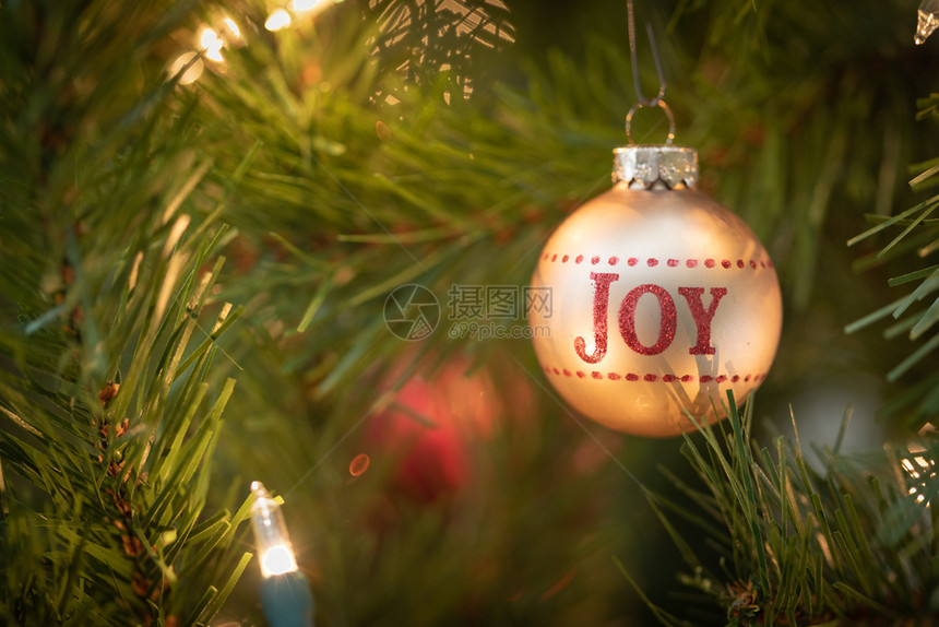 圣诞装饰上写着欢乐挂在树上图片