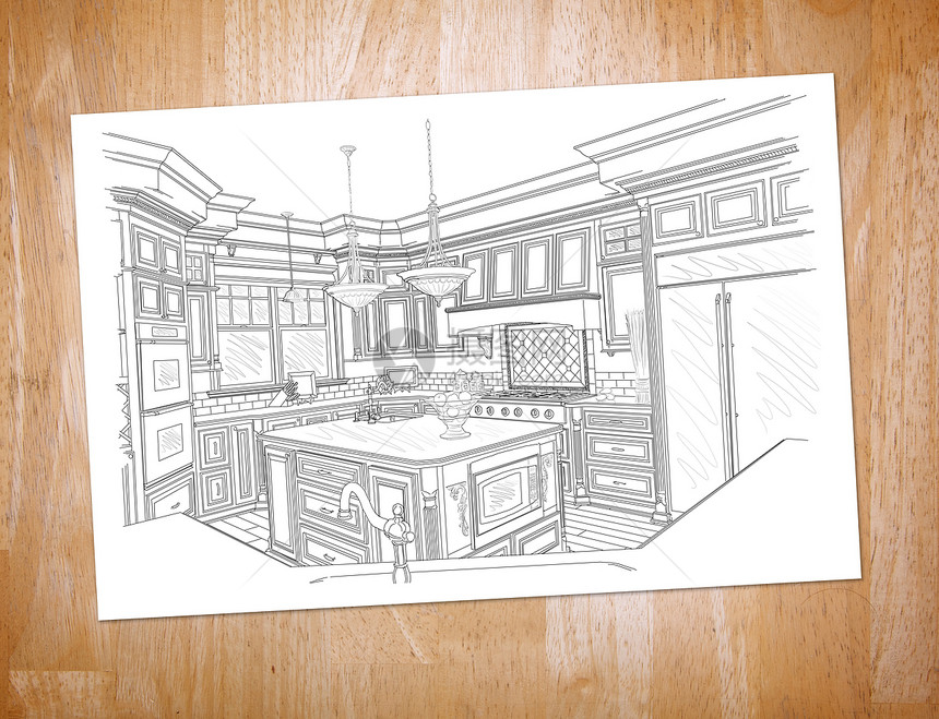 自订厨房在木质办公桌顶上用纸作画图片