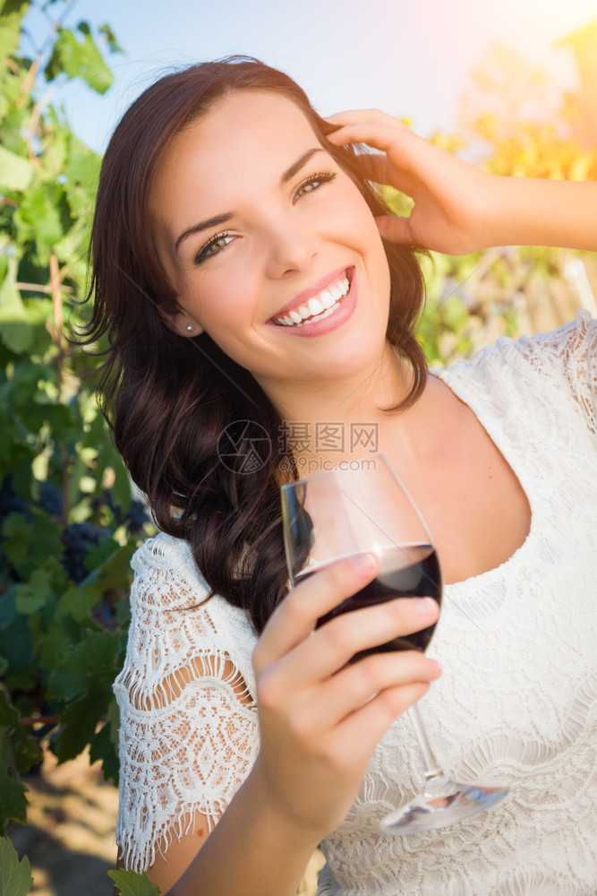 美丽的年轻成女子享受葡萄园的酒饮料图片