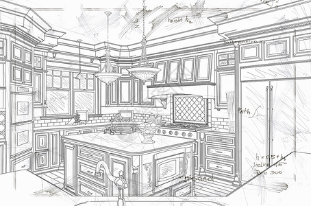 美丽的自定义厨房设计线绘图细节图片