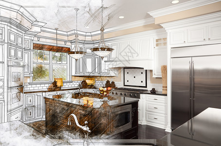 美丽的自定义厨房设计图画正在升级为完成的照片图片