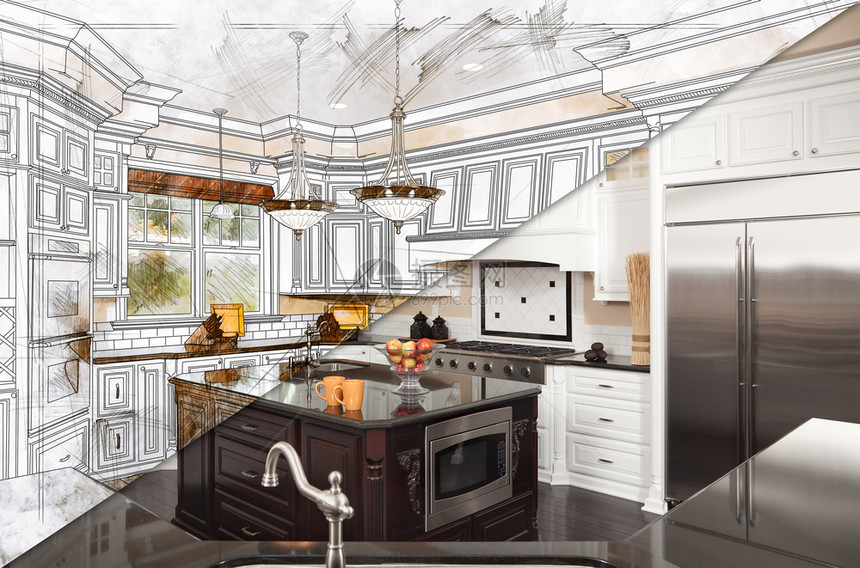 美丽的自定义厨房设计将横截段划入完成的照片中图片