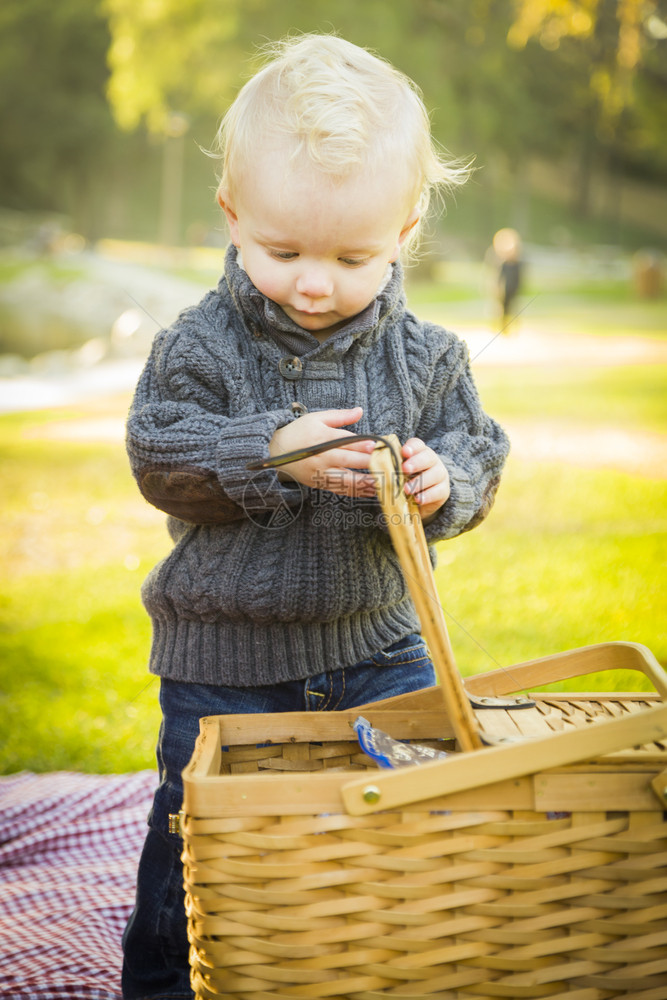 小男孩在公园打开野餐篮子图片