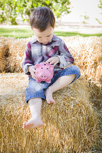 可爱的混种男孩坐在干草上把硬币放进粉红小猪银行图片