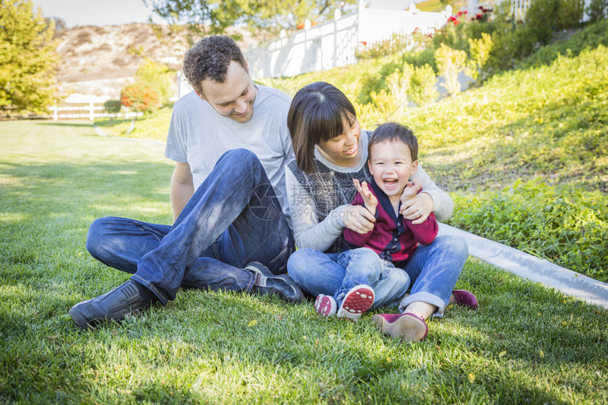 快乐的混合种族家庭在草地上玩得开心图片