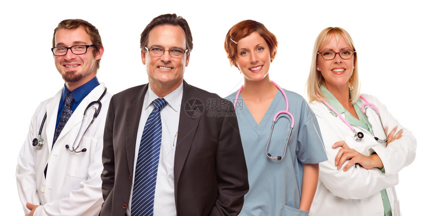带着男女医生或护士微笑的商人图片