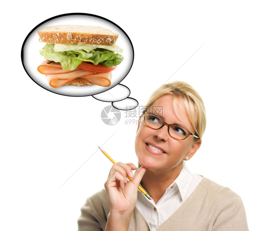 饥饿的妇女思想泡大新鲜的三明治孤立在白色背景图片