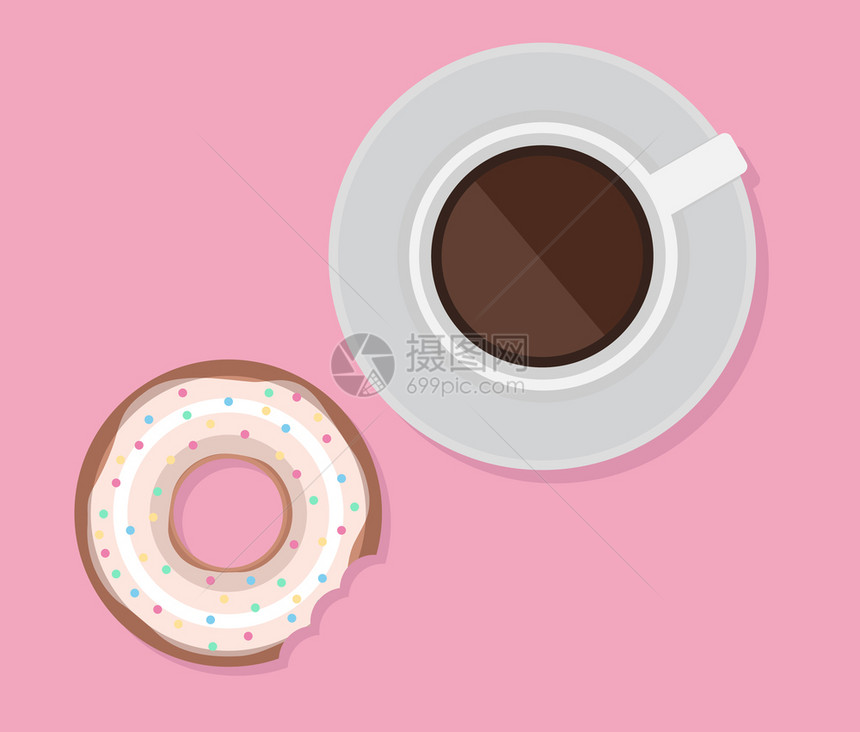 咖啡和甜圈杯的矢量说明以上视图午餐以上视图图片