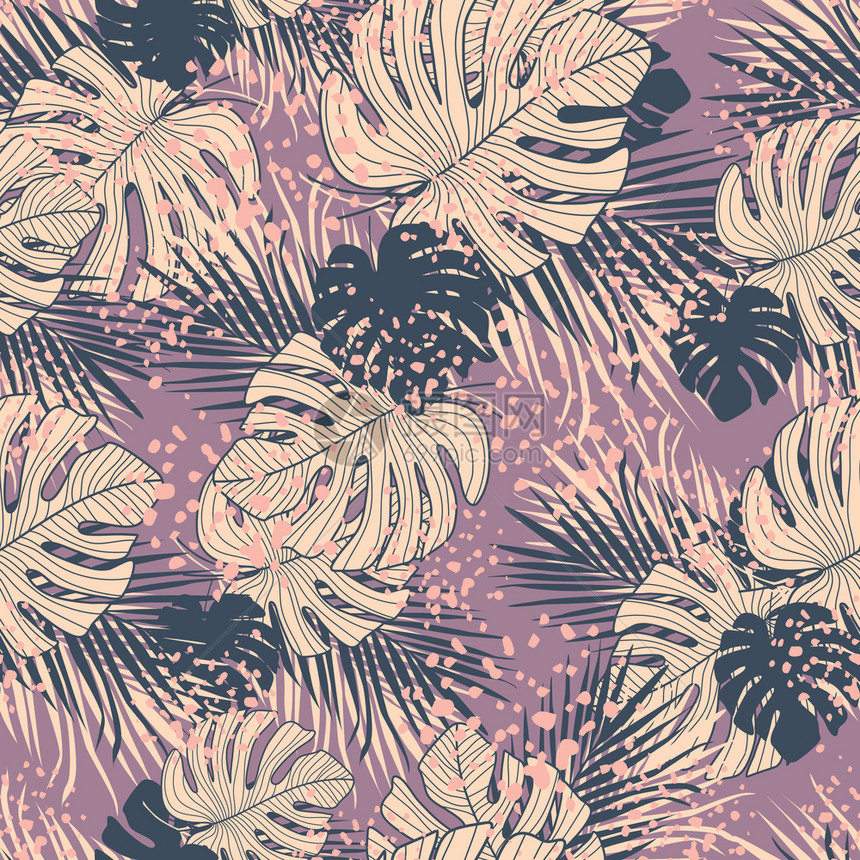 抽象的外来热带树叶在粉红色背景上无缝的图案潮湿哈瓦伊花叶壁纸织物设计纺品印刷包装纸时内部封面矢量说明图片