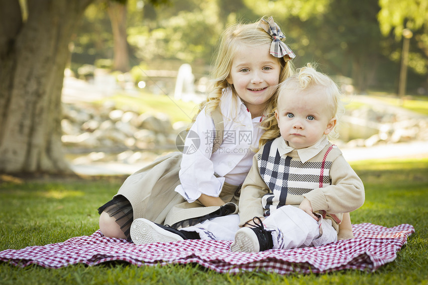 可爱的小女孩和她弟弟坐在公园野餐毯子上
图片