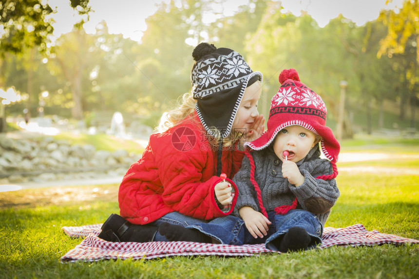 小女孩对她的弟低语一个秘密穿着冬衣和帽子坐在公园户外图片