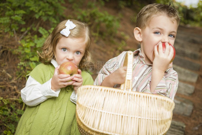 两个可爱的孩子在外面吃美味的红苹果图片
