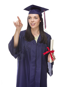 年轻女毕业生有文凭按键或指着孤立的白色为自己按键或文字准备图片