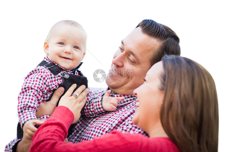 可爱的小宝贝男孩玩得开心与父母分离在白色背景图片