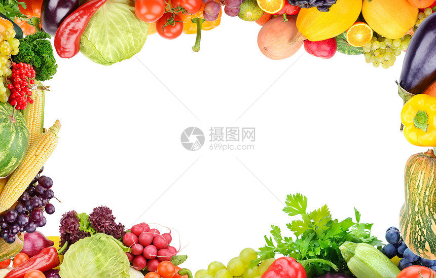 白色背景上的蔬菜和水果框架复制空间顶部视图文本自由空间图片