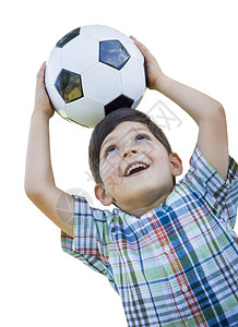 带着足球的可爱笑年轻男孩孤立在白色背景上图片