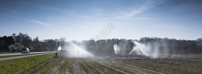 春天在青蓝空下农用区Holand喷洒给地球浇水背景图片