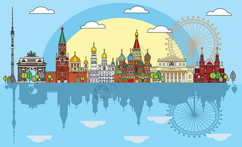 教堂湖面反射俄罗斯旅游插画设计图片