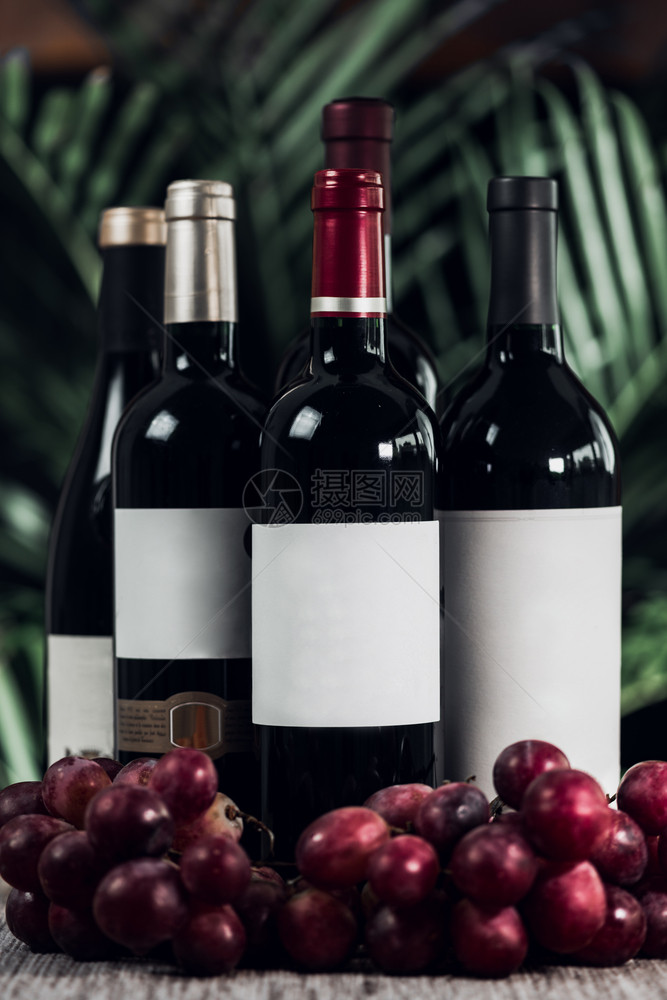混合成不同瓶红酒和新鲜葡萄合起来图片
