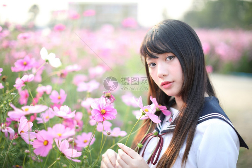 穿着粉红宇宙花的日本女学生制服的日本女学生肖像图片