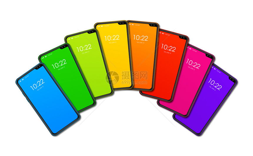 彩虹色智能手机组在白色背景上隔离3d变色彩虹色智能手机组在白色背景上隔离变色图片