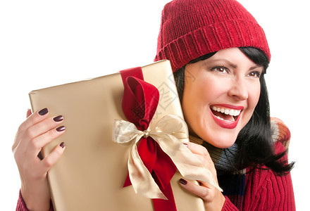 快乐有吸引力的女人拥有节日礼物孤立的白色背景图片