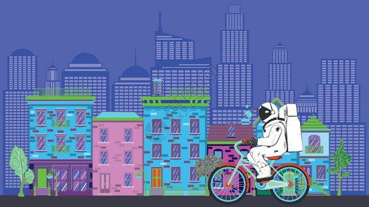 在城市中骑自行车的宇航员卡通矢量插画图片