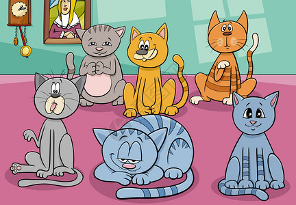 家中猫小漫画动物角色组的漫画插图图片