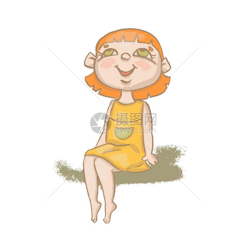 可爱卡通女孩坐在草地上矢量插图图片