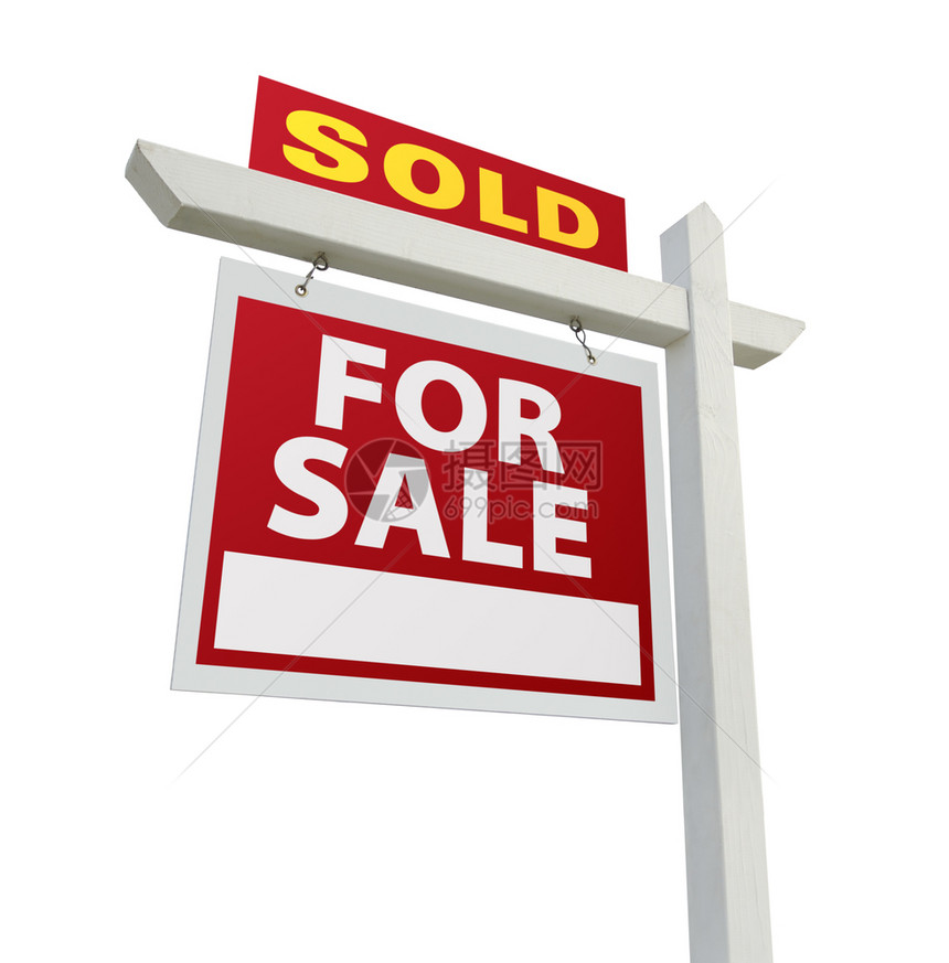 卖家出售房地产标志孤立在白色的后腹骨上图片