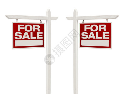 一对左右面销售房地产标志剪切路径孤立在白色背景图片