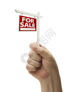出售房地产标志男拳头孤立在白色背景图片