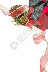 带着丝松果和树枝的圣诞礼物白背景的松树枝被孤立图片