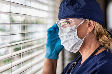 女医生或护士在窗户上休息时戴着医疗面罩和护目镜图片