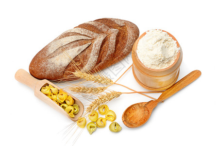 面粉产品白底孤立的面包和腊肠图片