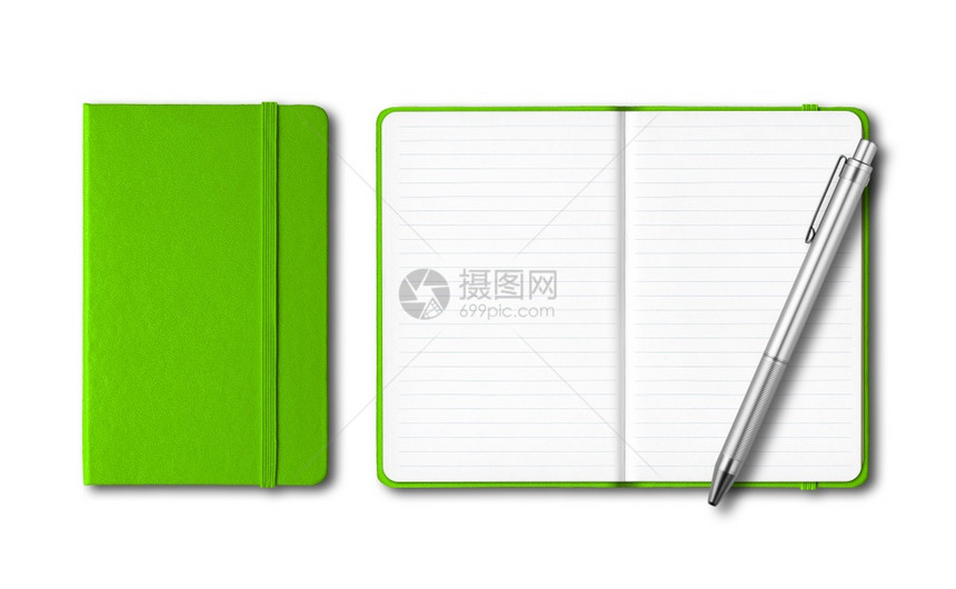 绿色封闭笔记本用白纸上隔离的笔绿色封闭本用白纸上隔离的笔图片