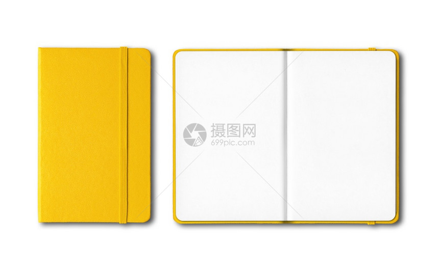 黄色关闭和开放笔记本白色上隔离的模拟笔记本白色上隔离的黄关闭和开放笔记本白色上隔离的图片